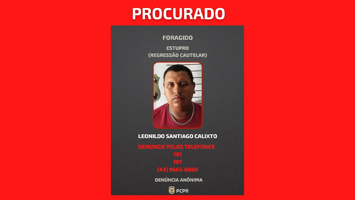 Polícia Civil divulga imagem de foragido por estupro em Cândido de Abreu