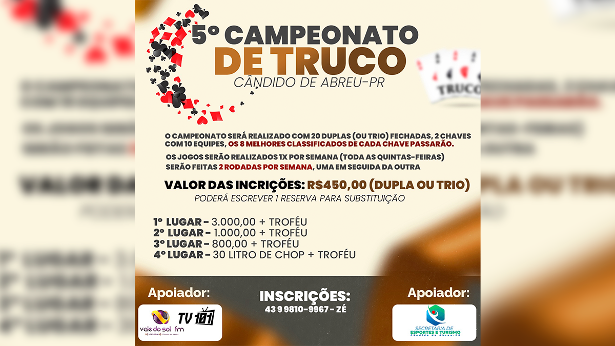 Cândido de Abreu sedia 5º Campeonato de Truco com inscrições abertas para duplas e trios