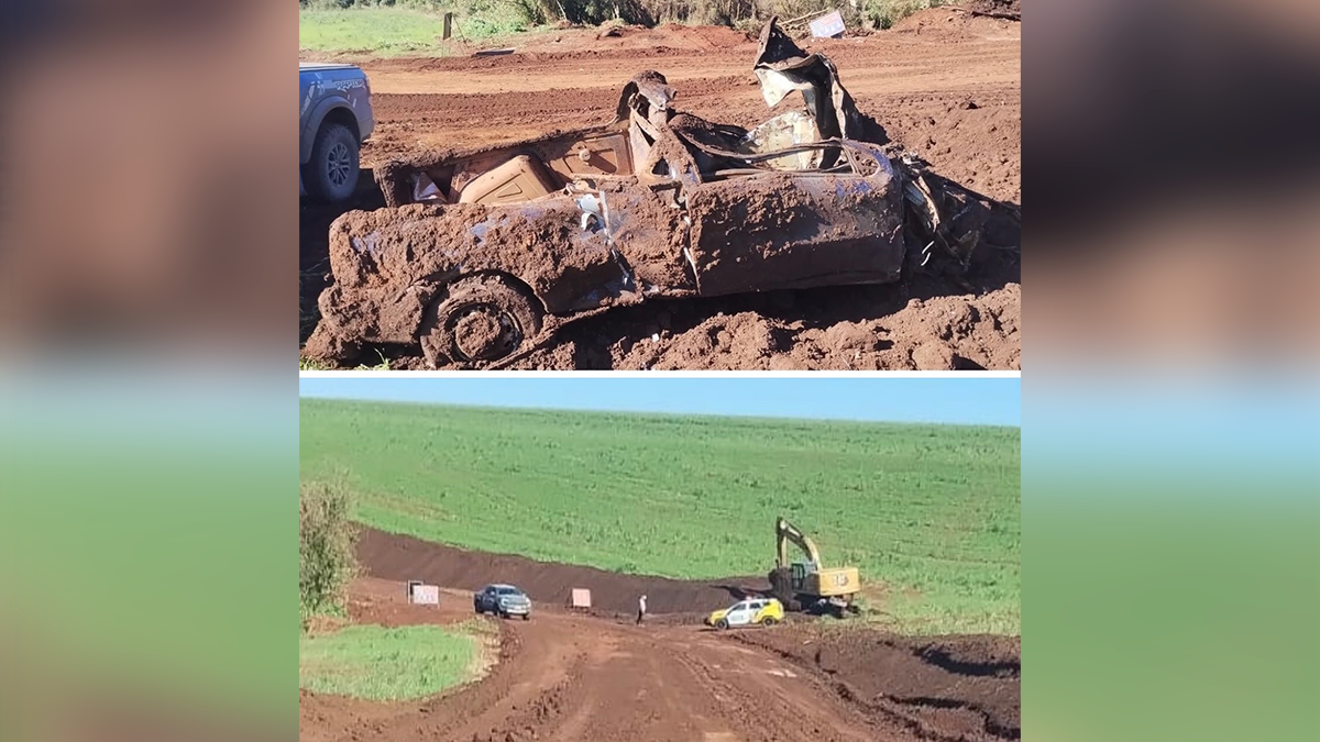 Carro é encontrado enterrado durante obras de pavimentação rural em Pitanga
