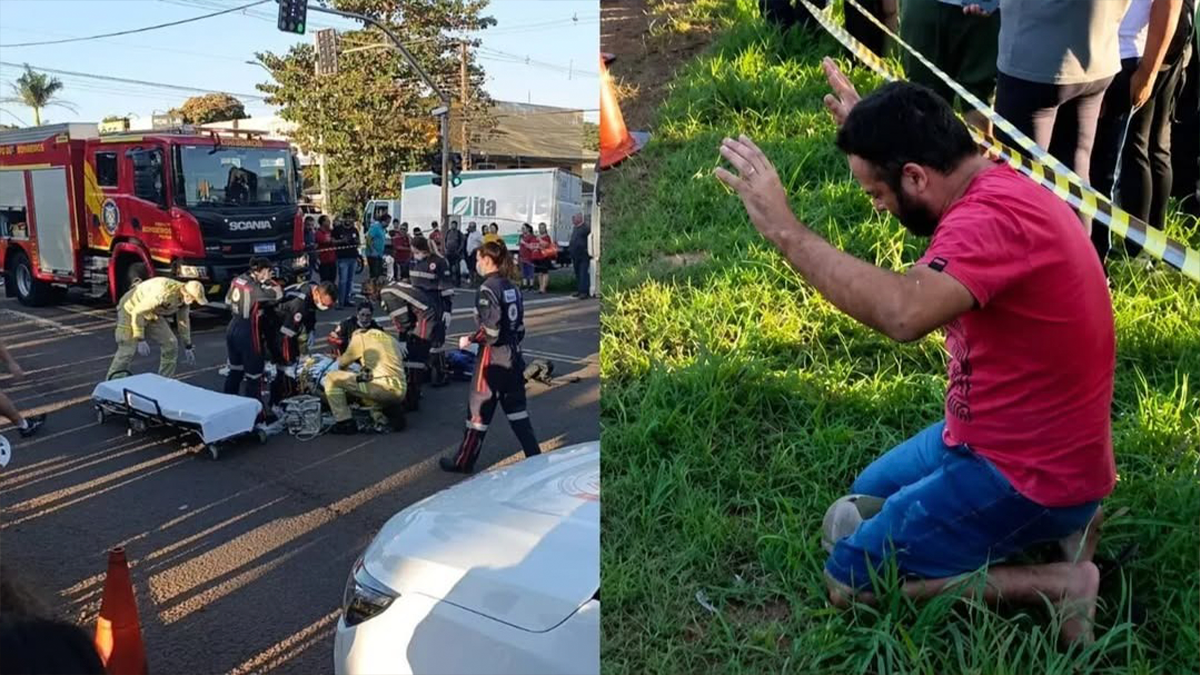 Homem ajoelha e reza durante socorro a motociclista gravemente ferido em acidente em Maringá