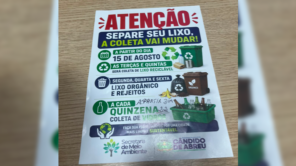 Prefeitura de Cândido de Abreu altera cronograma de coleta seletiva e orgânica a partir de 15 de agosto